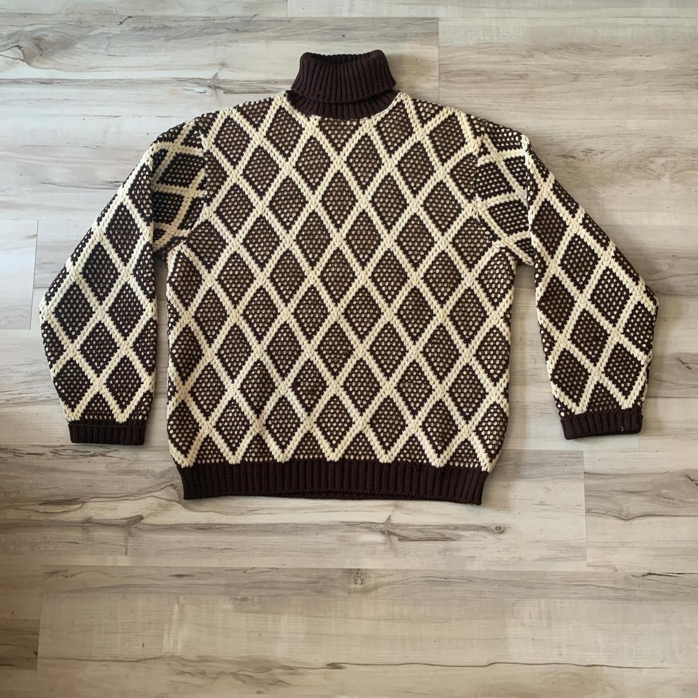 Vintage Lord Jeff 70s Wool Turtleneck Sweater Mens XL Brown White Diamond